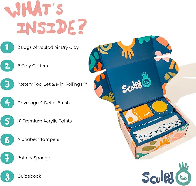 Sculpd - The Original Kids Pottery Kit, Air-Dry Clay Starter Kit for Kids Age 4 to 6, Air Dry Clay with 10 Colour Paint Set, Paintbrushes, Tool Set, Alphabet Stampers, Sponge and Step-by-Step Guide