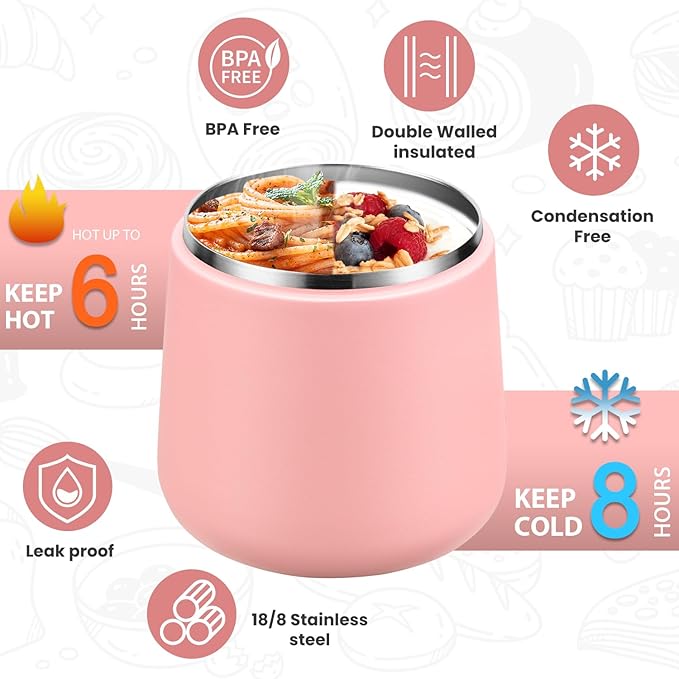 Soup Thermo for Hot Food 20oz Lunch Containers with Buckle Lid Wide Mouth Hot Food Jar Vacuum Insulated Stainless Steel Bento Box Leakproof with Spoon(Pink)