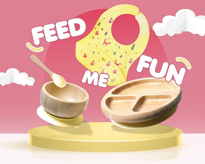 Bamboo Baby Feeding Set for Infants & Toddlers - Baby Essentials, Non-Toxic, Sustainable, Bamboo Suction Plate & Bowl, Bib, Sippy Cup w/Lid & Straw, Daily Use, Travel, Baby Shower Gifts (Yellow)