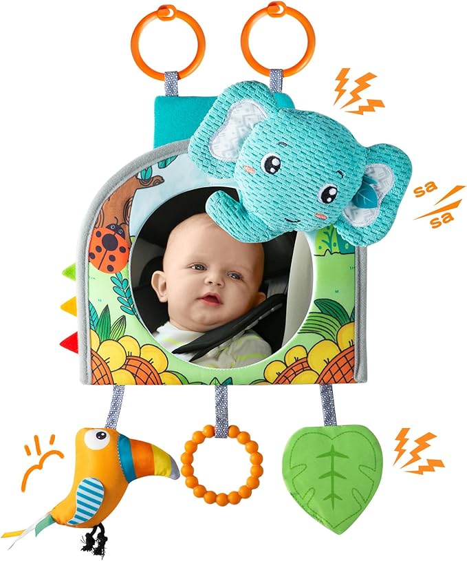Car Seat Toy, Baby Car Mirror for Rear Facing, Travel Baby Activity Center with Hanging Engaging Toys for Infants Babies 0-6-12-18 Months Boy Girl