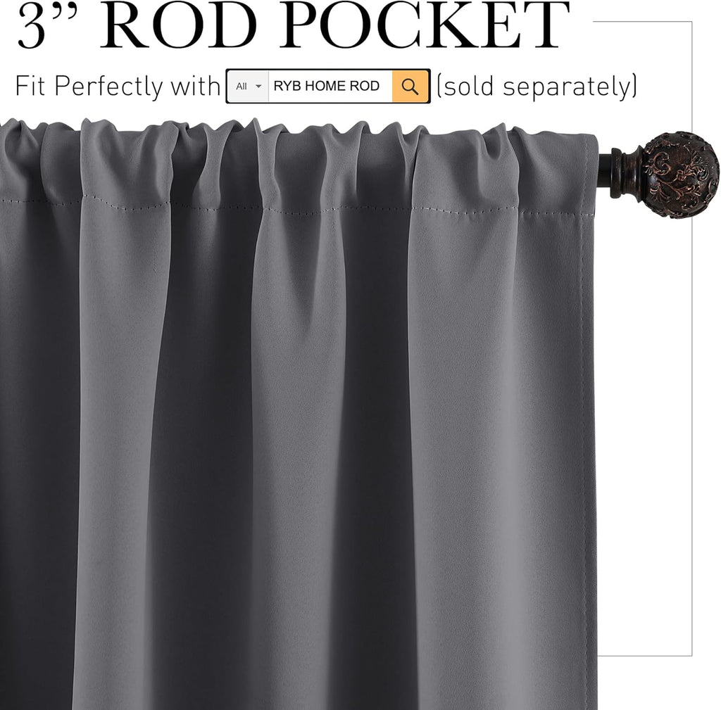 RYB HOME Short Blackout Curtains for Kitchen, Solid Half Window Treatment for Bedroom Energy Saving Privacy Shade for RV Camper Bathroom Basement, W42 x L30 inches, Grey, 2 Panel Set