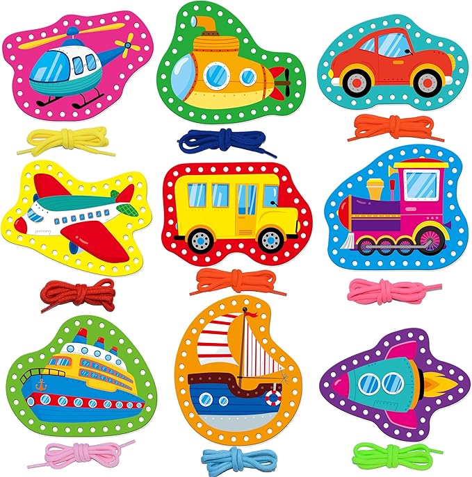 9 Pieces Kids Lacing Cards, Double Sided Vehicle Sewing Cards with 9 Colorful Laces, Imagination Development Lacing Toys Games for Children Educational and Learning Activity