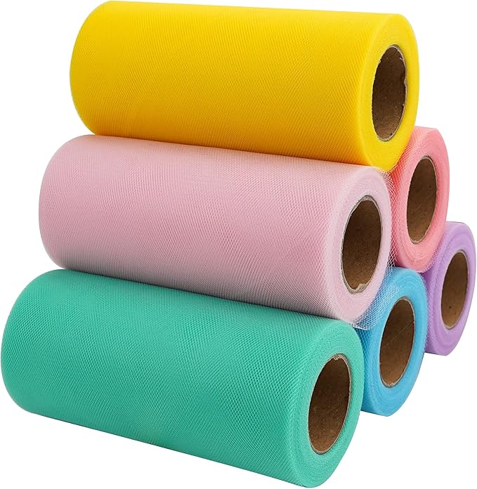 MEEDEE Pastel Tulle Ribbon 6 Rolls Tulle Fabric Spool Ribbon, 6 inch by 25 Yards/Spool, Perfect for Tutus DIY Wedding Table Skirt Rainbow Party Decorations Gift Wrapping