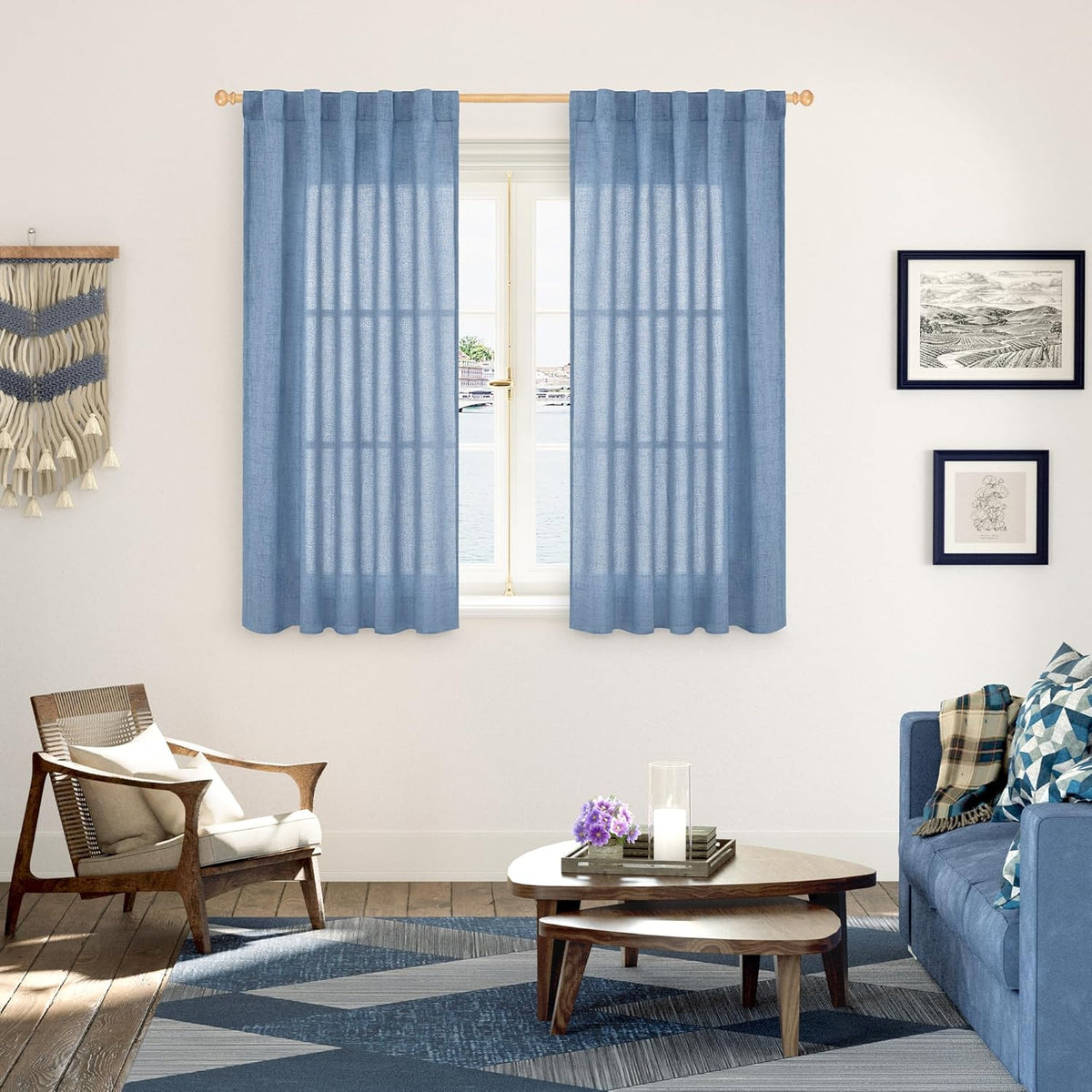 YoungsTex Denim Blue Linen Curtains 54 Inch Length for Short Windows, Semi Sheer Drapes Light Filtering with Rod Pocket Back Tab for Living Room Kitchen Bathroom, 2 Panels, 42 X 54 Inch