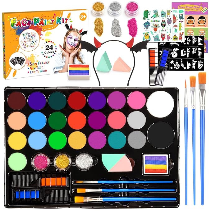 Face Painting Kit for Kids, 24 Colors Water Based Non-Toxic Face Paint with Stencils & Brushes, Professional Body Makeup Set for Halloween, Birthday, Parties with Guide Book Art and Craft Art Supplies