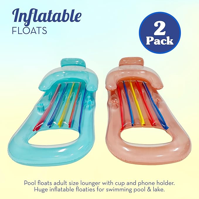 Pool Floats Adult Size Lounger with Cup Holder (2 Pack) Inflatable Floats for Swimming Pool Heavy Duty Lounger Floating Recliner Blow Up Floaties Water Floaty Lake Beach Tanning Float