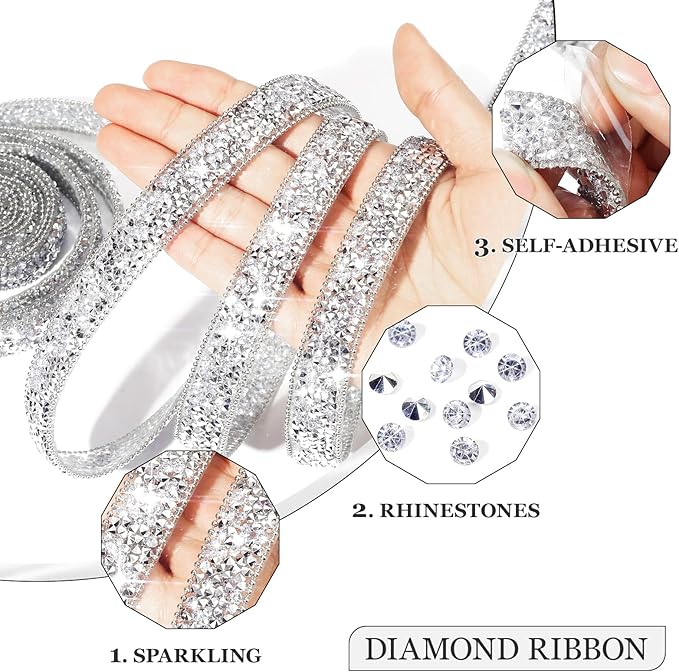 Rhinestone Ribbon 6 Yards Self Adhesive Rhinestone Strips Diamond Ribbon Sticker Crystal Roll Glitter Bling Rhinestones Tape for Crafting DIY Art Decoration (Silver,0.4 Inch)