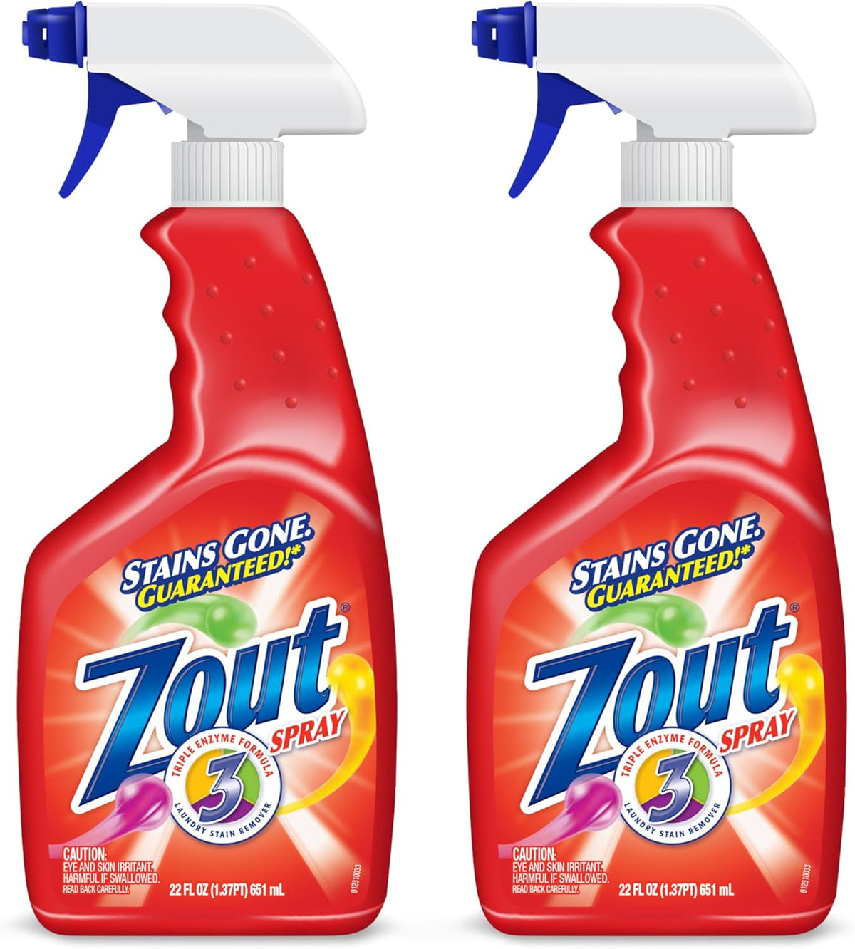 Zout Laundry Stain Remover Spray, Triple Enzyme Formula Removes the Toughest Stains, Made in the USA, 22 Ounce Bottles, 2-Pack