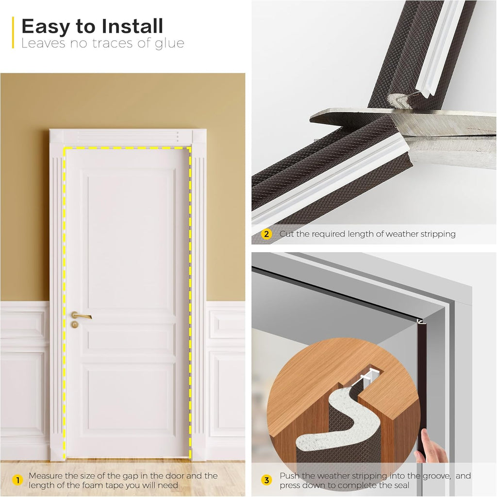 Ravinte Weather Stripping Door Seal Strip Soundproof "Q" Foam Weather Stripping for Door Frame, Exterior Door Weather Stripping for Large Gap, Easy to Install（Brown, 19.8FT)
