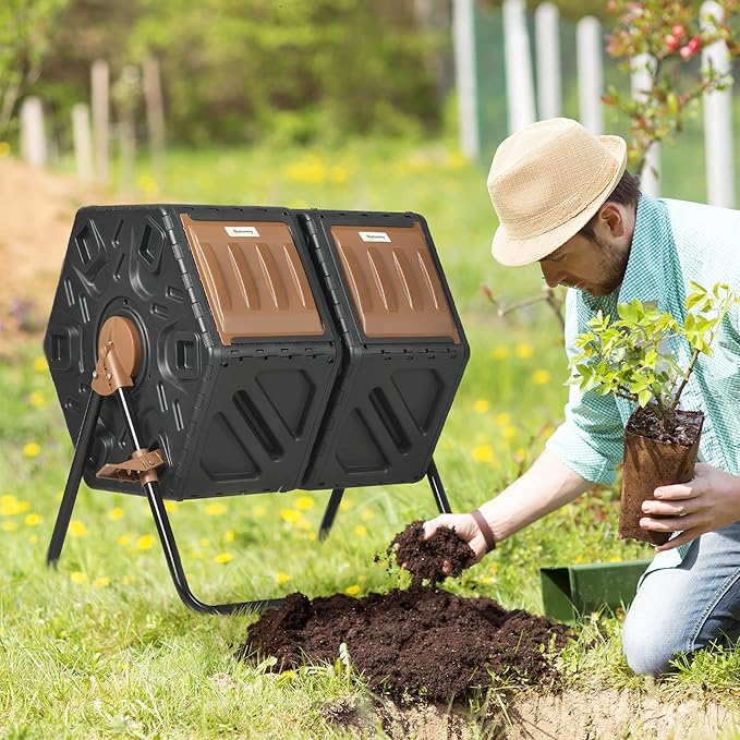 Compost Bin Outdoor, 43 Gallon Dual Chamber Tumbling Composting with Sliding Doors, Large Compost Tumbler, Compost Bin for Garden, Kitchen, and Yard Waste, Black+Brown