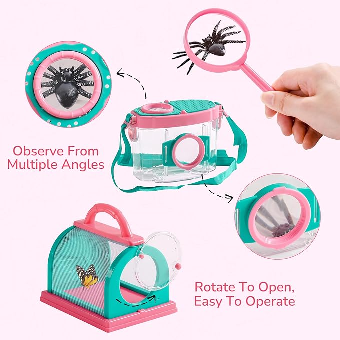 ROBOTIME Kids Explorer Kit & Bug Catcher Kit for Kids, 10PCS Outdoor Bug Catching Kit with Magnifying Glass & Net, Adventure Set for Backyard & Camping, Fun Gift for Girls 3-12 (Pink)