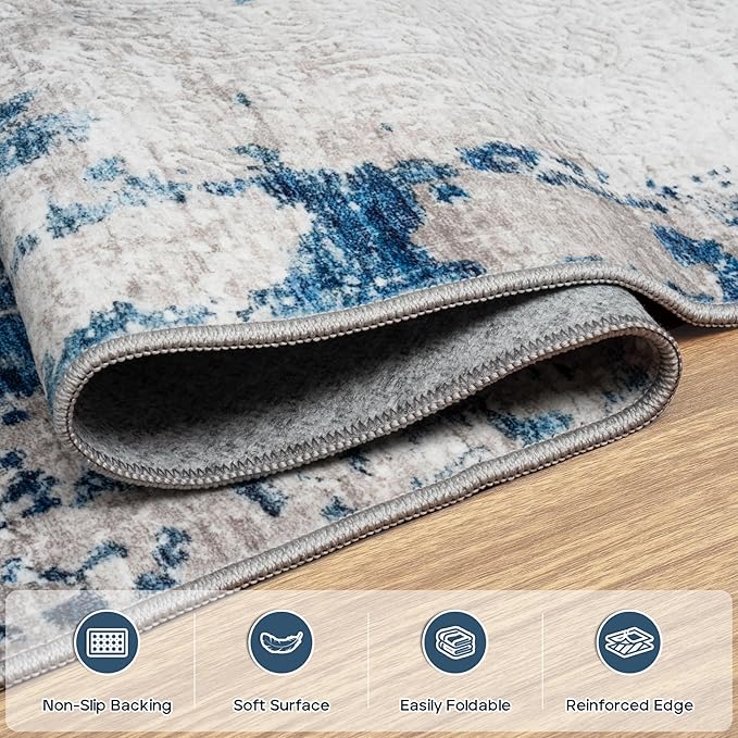 5x7 Area Rugs for Living Room Rug Washable: Modern Rug for Dining Room Bedroom Carpet Non Slip Low Pile 5 by 7 Indoor Abstract Nursery Home Office Blue White