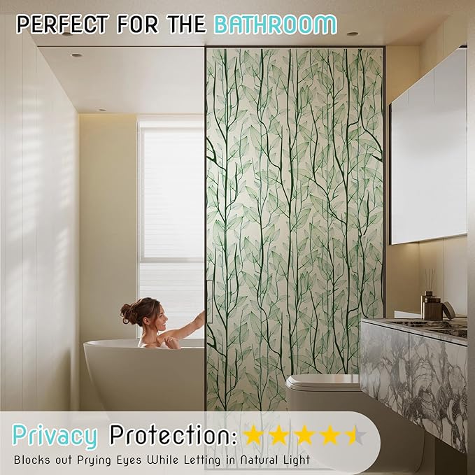 DKTIE Window Film Privacy with Installation Tools, Decorative Stained Glass Window Clings for Home, Static Cling Window Sticker for Front Door, Bathroom, Glass Door (Dark Green, 17.7'' x 118.1'')