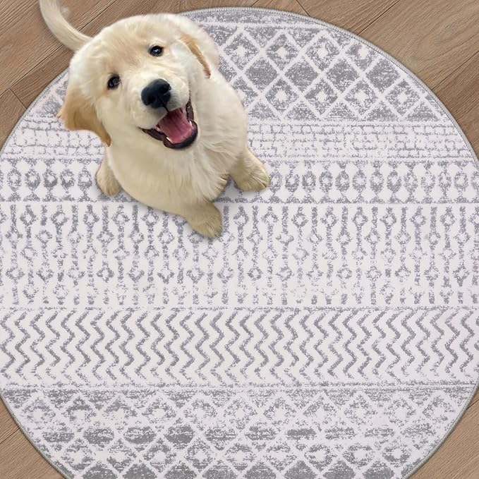 Moroccan Washable Round Rug, 4ft Grey Circle Rug Non Slip with Rubber Backing, Soft Non-Shedding Neutral Area Rug Indoor Floor Carpet for Bedroom Living Room Dining Room