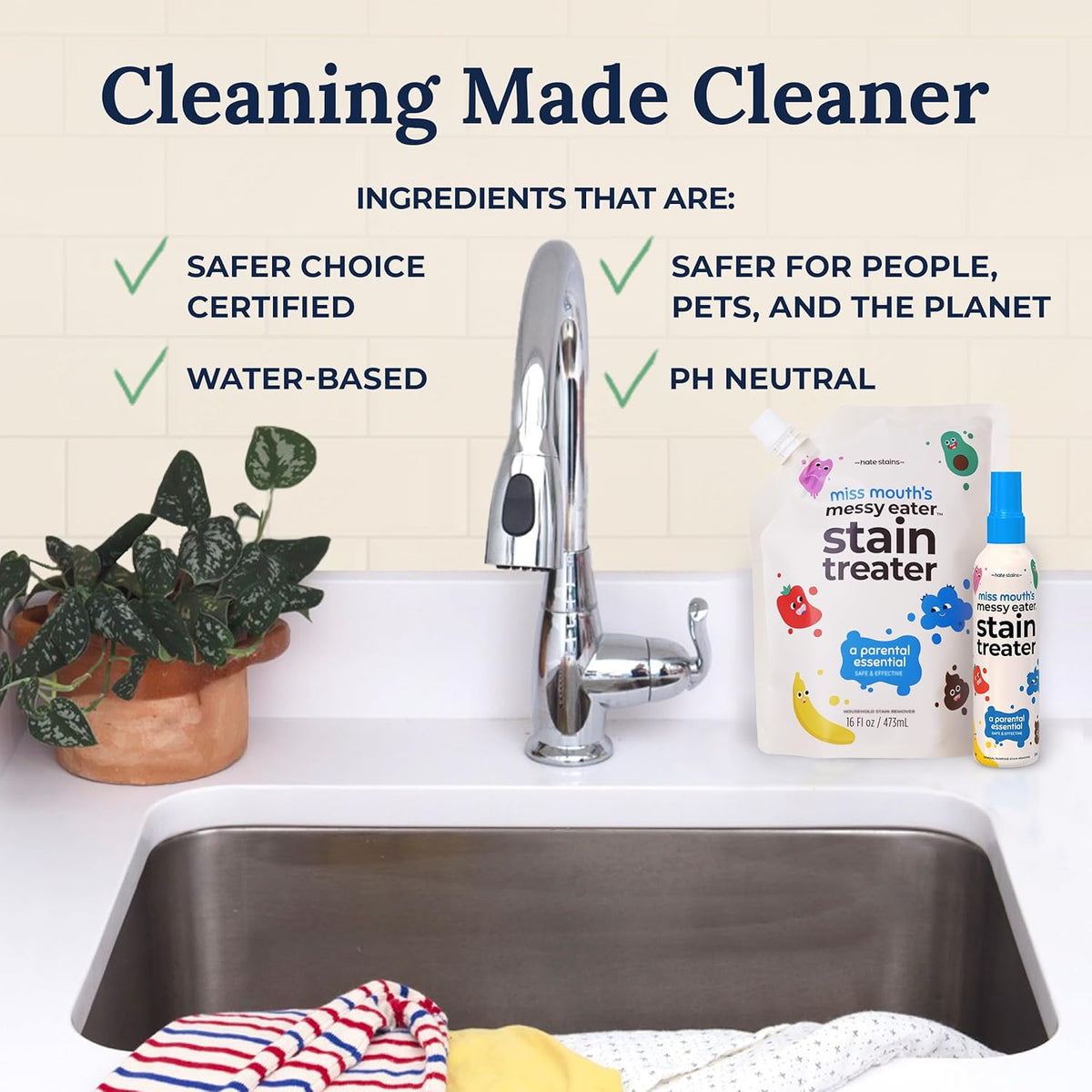 Miss Mouth’s Messy Eater Stain Treater Refill Ready Kit - 2 Pack Stain Remover Spray and 16oz Refill Pouch - Newborn & Baby Essentials - Food, Grease, Coffee Off Laundry, Underwear, Fabric