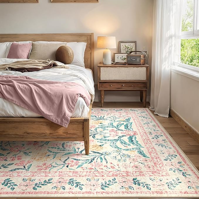 Wonnitar Machine Washable 10x14 Area Rugs, Large Living Room Rug Floral Pink and White Carpet, Boho Soft Ultra-Thin Foldable Carpets for Bedroom Dining Room Office