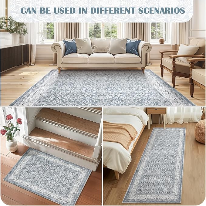 jinchan Floral 2x3 Rugs for Entryway - Machine Washable Grey Vintage Distressed Boho Design Soft Faux Wool Small Non-Slip Doormat for Entrance Kitchen Living Room Bedroom Farmhouse (2‘x3',Grey)