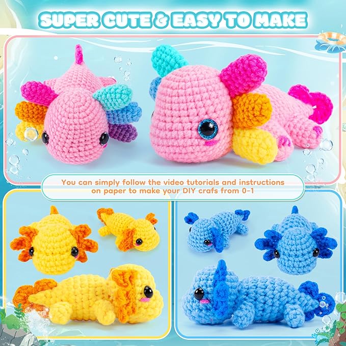 Crochet Kit for Beginners-3PCS Axolotl Crochet Kits for Adults Kids, Crochet Starter Kit with Step-by-Step Video Tutorials, Crochet Animals Kits DIY Craft Knitting Kit Learn to Crochet Kits for Adults
