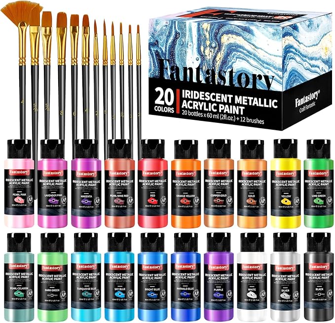 Fantastory Metallic Iridescent Acrylic Paint Set with 12 Brushes, 20 x 2oz Metallic Colors, Color-Shifting, Craft Paint Kit, Metal/Canvas/Rock/Stone/Ceramic/Model/Wood Painting [Professional Series]