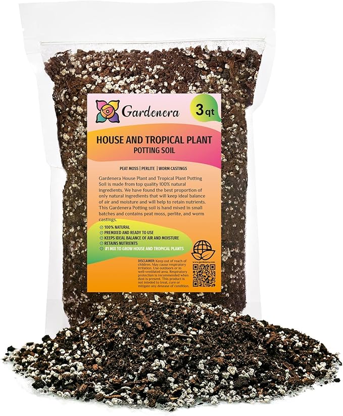 Gardenera House Plant and Tropical Plant Potting Soil - Re-Potting Soil for All Types of Indoor House Plants - 3 Quart Bag