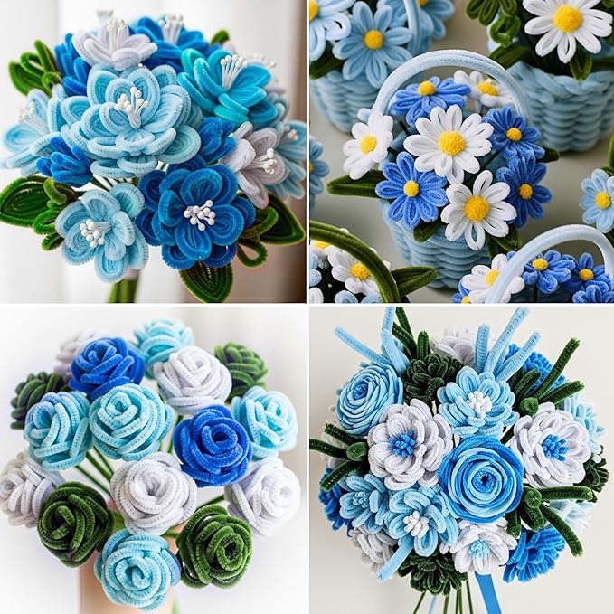 Caydo 500 Pieces Blue Flowers Pipe Cleaners, Chenille Stems, Pipe Cleaner Crafts for DIY Art and Craft Projects Creative Gift Party Decorations