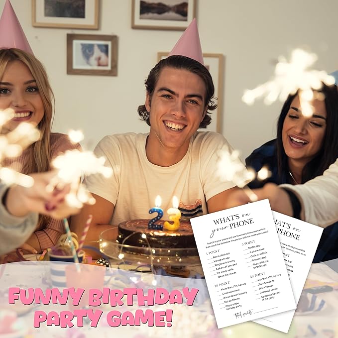 Birthday Party Games, What's on Your Phone, 25 Pcs Card Set for Guests, Fun Birthday Game for Teen Adults – A07