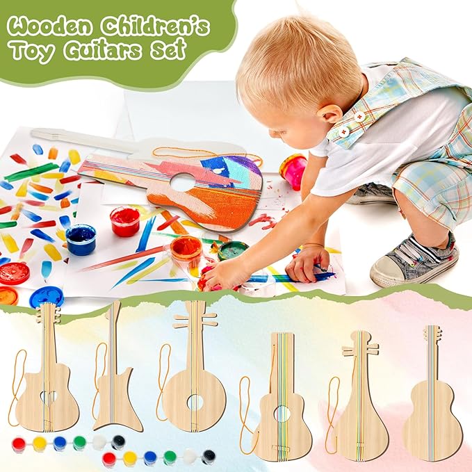 Syhood 48 Pcs/24 Sets DIY Guitar Kit for Kids Guitar Wooden Guitars Paint Bulk Music Party Favor Music Arts Crafts for Kid Boy Girl Halloween Christmas Supplies, 6 Difference Designs