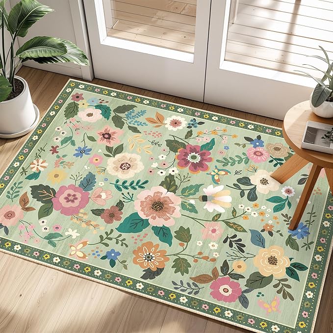 Floral 2x3 Area Rug Machine Washable Soft Print Boho Carpet Non Slip Doormat Low Pile Flower Area Rugs for Living Room Bedroom Nursery Kitchen Dining Room Indoor-Light Green