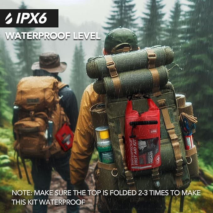 250 PCS Waterproof First Aid Kit, Roll Top Reflective Boat Dry Bag Bug Out Bags, Emergency Medical Kit Ideal for Boating, Camping, Fishing, Kayaking, Floating, Red