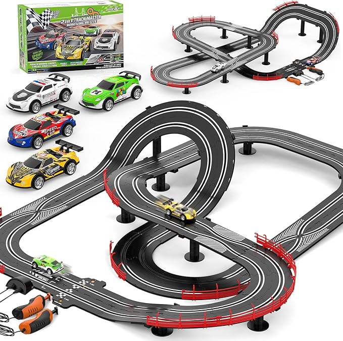 2 in 1 Slot Car Race Track Sets with 4 Slot Cars, 1:43 Electric Car Track for Boys, Dual Racing Game Lap Counter Circular Slope Track Sets, Birthday Gifts Toys for Boys Kids Ages 6 7 8 9 10 11 12