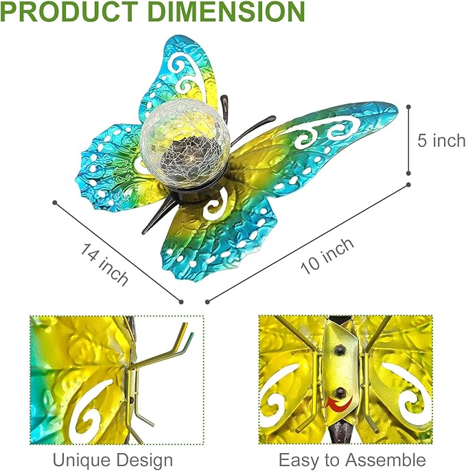 Solar Lights Outdoor Garden Butterfly Decor, Metal Butterfly Statue Decoration with LED Crackle Glass Globe, Solar Powered Lighted Garden Art Decor for Patio Lawn Yard Pathway Tabletop Ground