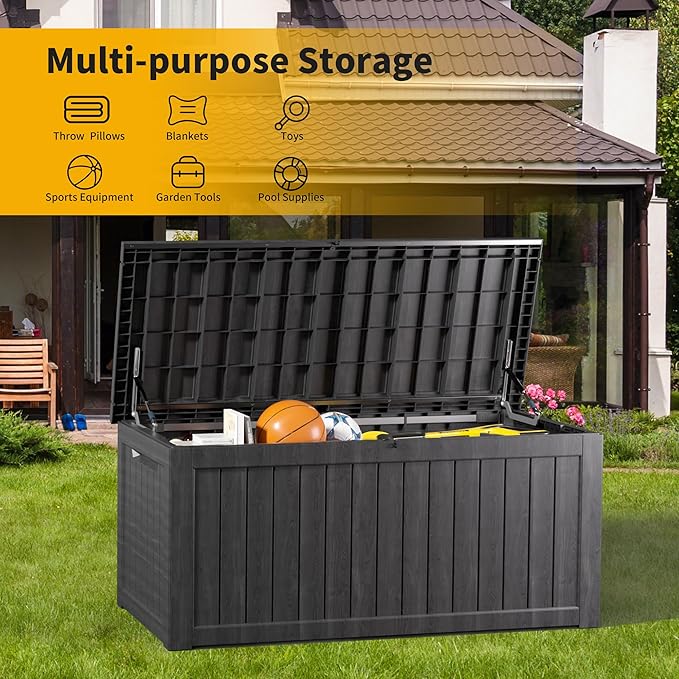 270 Gallon Waterproof Large Resin Deck Box Indoor/Outdoor Lockable Storage Container and Seating for Garden, Pool, and Patio (270 Gallon, Black)