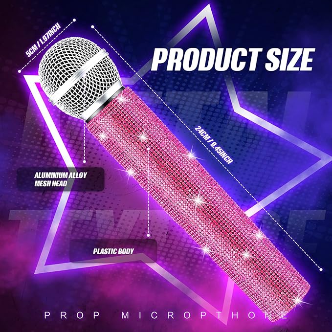 Sanwuta Fake Microphone Prop Sparkly Bling Rhinestones Plastic Play Microphone Pretend Glitter Bedazzled Mic for Cosplay Party Costume(Pink)