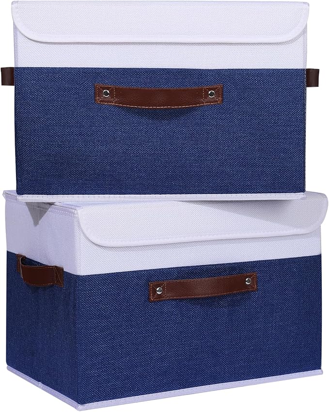ANMINY 4PCS Storage Boxes with Lid Washable Decorative Storage Bin Basket with PU Leather Handle Foldable Linen Fabric Storage Cube Container for Home Closet Organizer - Deep Blue White, Large Size