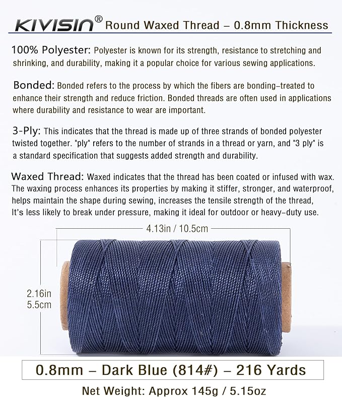 Heavy Duty Round Waxed Thread 0.8mm, 218 Yards, Dark Blue, Bonded Thick Polyester Wax Coated Cord for Leather Sewing, Upholstery, Whipping Twine, Basket Weaving and Macrame Making