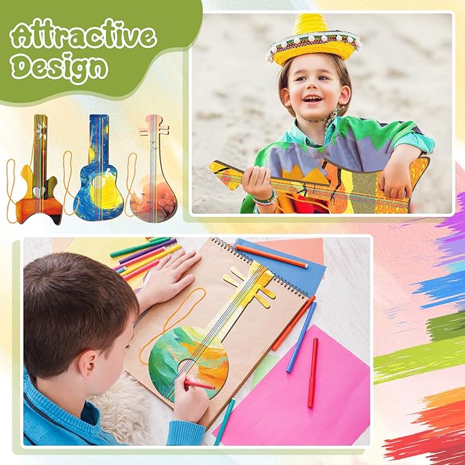 Syhood 48 Pcs/24 Sets DIY Guitar Kit for Kids Guitar Wooden Guitars Paint Bulk Music Party Favor Music Arts Crafts for Kid Boy Girl Halloween Christmas Supplies, 6 Difference Designs