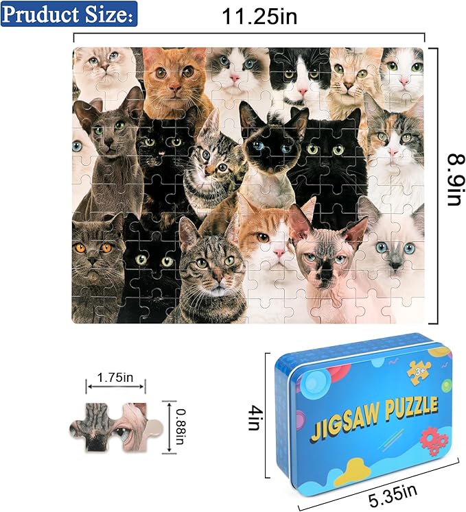 LELEMON 100 Pieces Cute Cats Jigsaw Puzzle for Kids Ages 4-8 Multicolor Cats Puzzles in a Metal Box Children Girls Boys Learning Educational Puzzles Toys