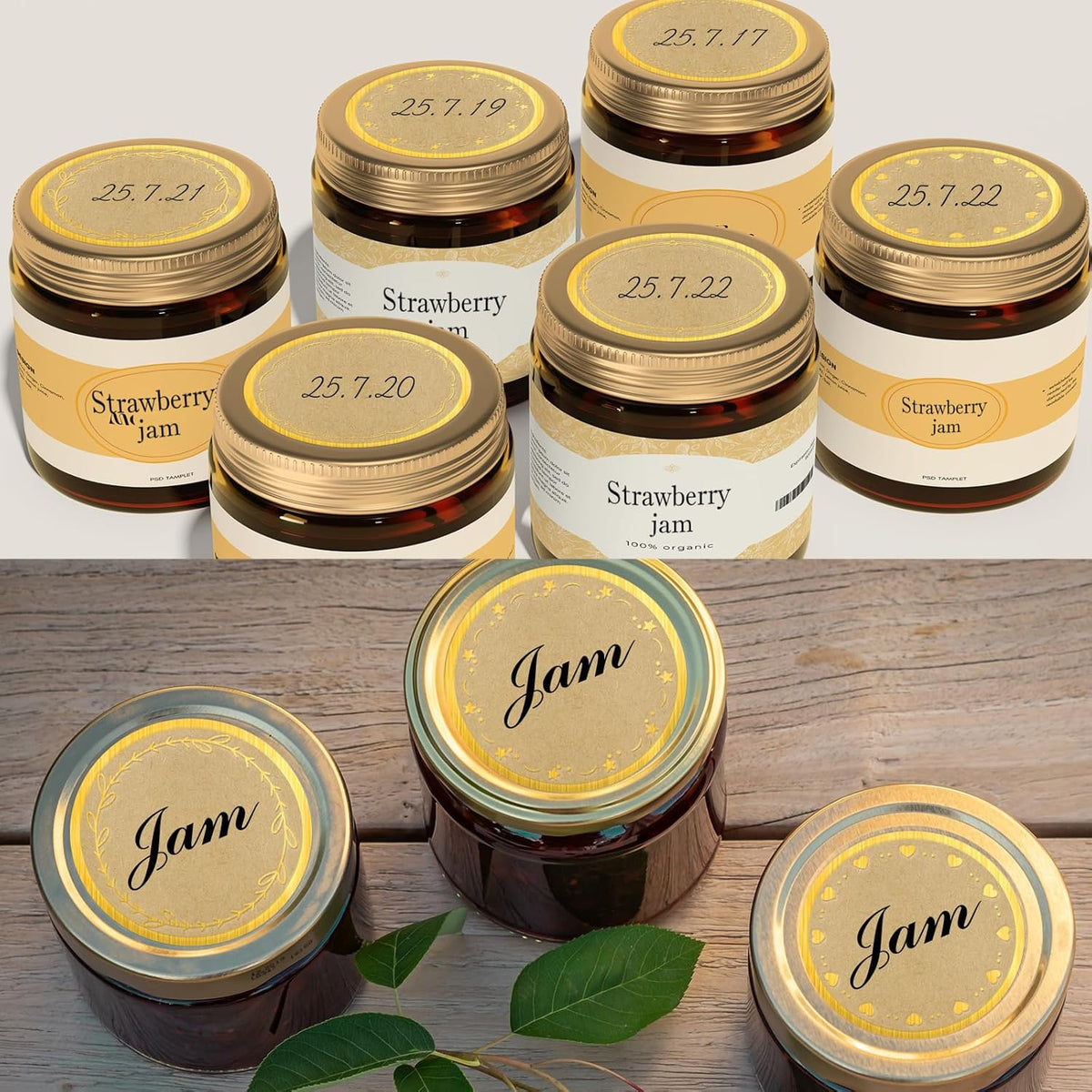 2" Kraft Label Stickers for Jars and Lids, 6 Different Gold Border Designs, Kraft Sticker Labels use for Pantry, Mason Jars, Canning, Bottles- 500pcs