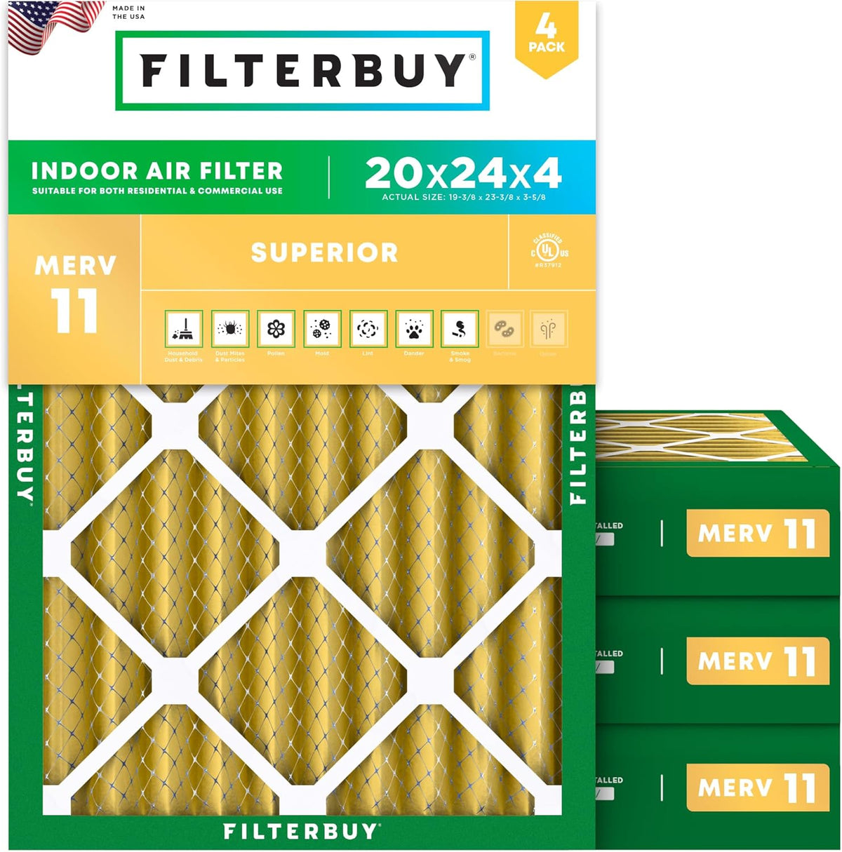Filterbuy 20x24x4 Air Filter MERV 11 (MPR 1200) Allergen Defense Replacement (4-Pack), Electrostatic Pleated HVAC AC Furnace Filters, Made in USA (Actual Size: 19.38 x 23.38 x 3.63)