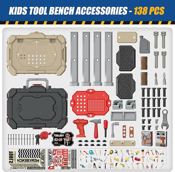 Kids Tool Bench with 138 Realistic Tools, Electric Drill, Stickers - Pretend Play Learning Gift for Boys & Girls Age 3-5