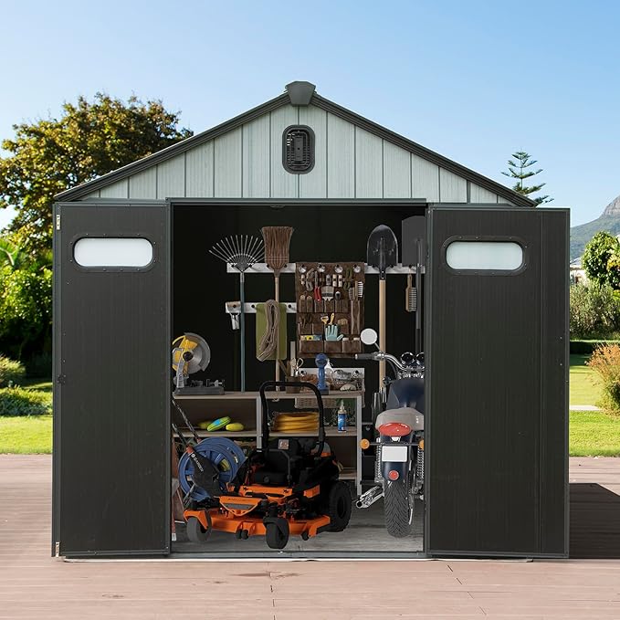 Domi 8x6FT Resin Outdoor Storage Shed with Lockable Door, Waterproof Outside Sheds with Windows & Vents, Heavy-Duty Plastic Tool Storage Shed for Patio Furniture, Lawn Mower, Bike