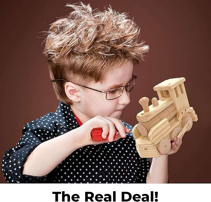Kraftic Woodworking Building Kit for Kids and Adults, 2 Educational DIY Carpentry Construction Wood Model Kit Toy Projects for Boys and Girls - Build a Wooden Town Hall Birdhouse and Train