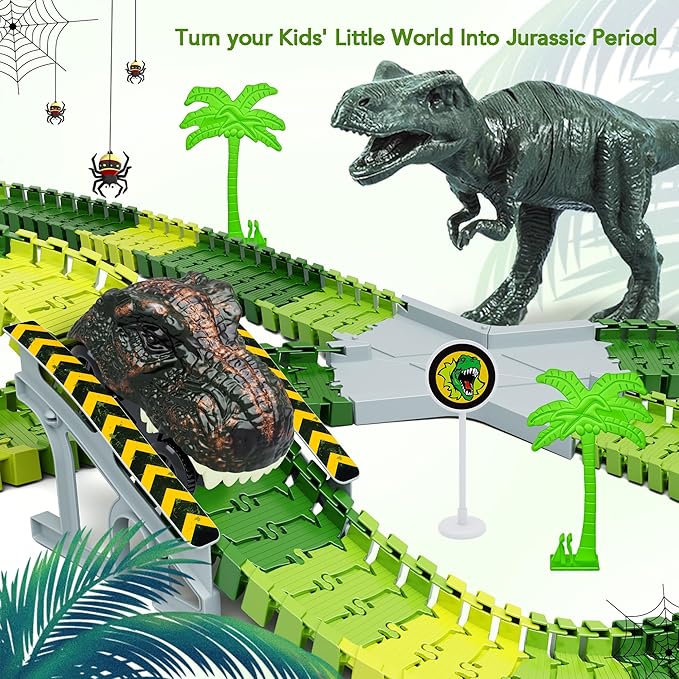 Dinosaur Toys,Create A Dinosaur World Road Race,Flexible Track Playset and 2 pcs Cool Dinosaur car for 3 4 5 6 Year & Up Old boy Girls Best Gift