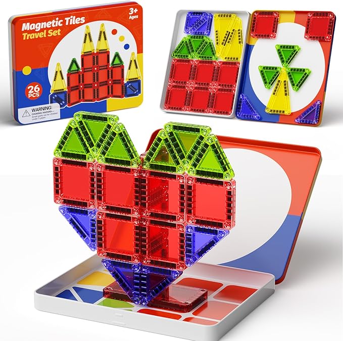Magnetic Tiles Travel Toys with Storage Case, Portable STEM Building Blocks for 3-8 Year Olds, Toddler Airplane Activities & On-The-Go Birthday Gift for Boys & Girls