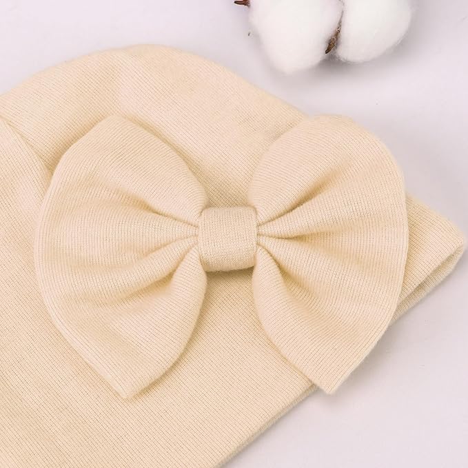 BQUBO Newborn Baby Hats Mittens Set Hospital Hat Beanie Infant Bow Hats Baby Gloves No Scratch Mittens for 0-6 Months