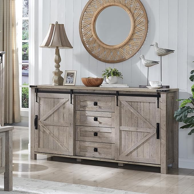 T4TREAM 60'' Farmhouse Dresser Chests for Bedroom w/4 Drawers & Sliding Barn Doors, Tall Chest of Drawers, Rustic Dresser TV Stand,Organizer for Bedroom, Living Room, Light Rustic Oak