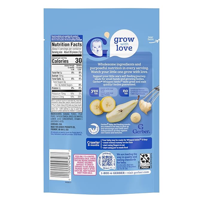 Gerber Stage 3 Baby Food Snacks, Banana Pear Whipped Melts, Baby Led Feeding, 7PK