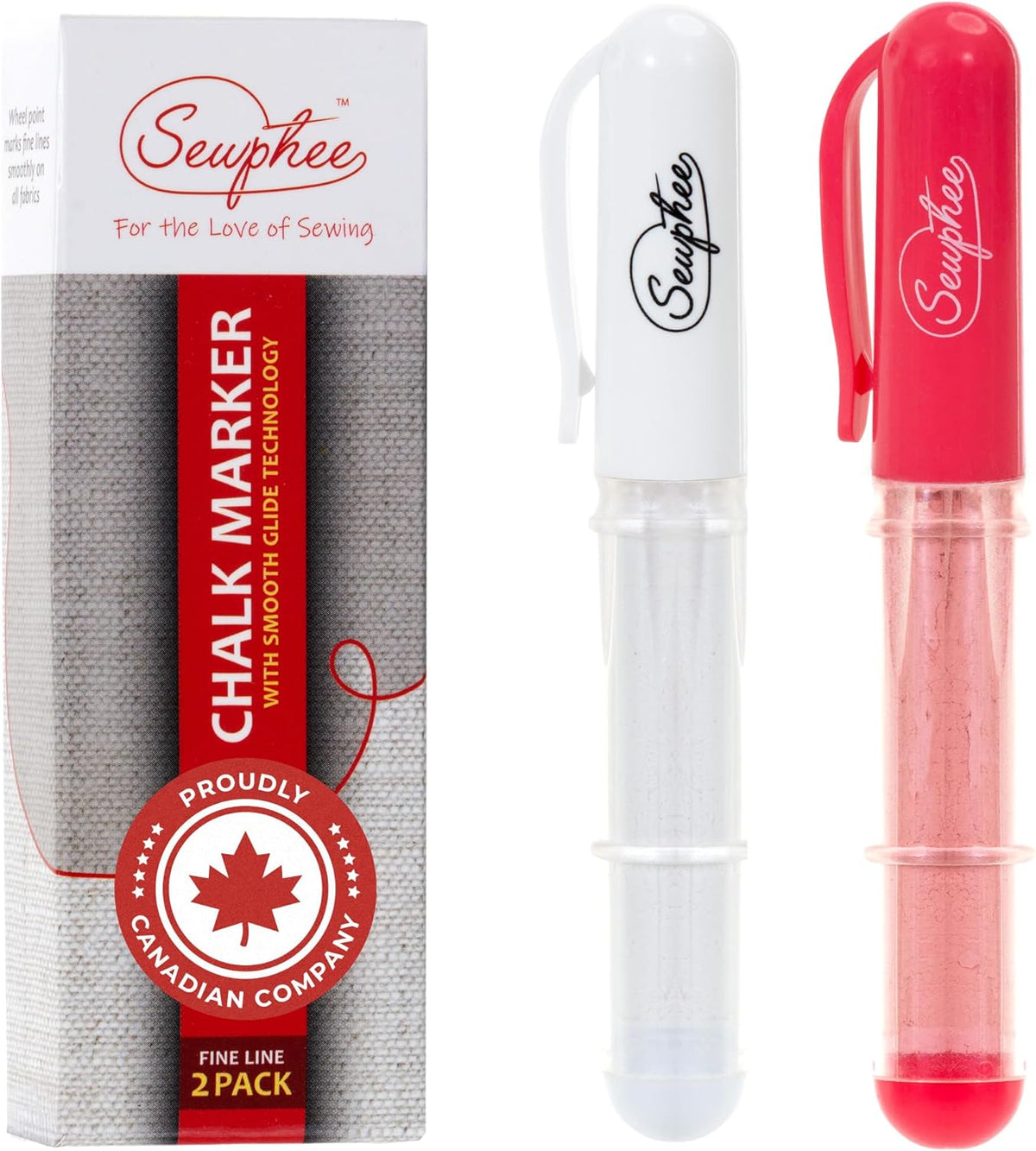 Fabric Markers for Sewing – Ergonomic Tailors Chalk Pen with Improved Dosing Wheel for Sharp Lines - Washable Sewing Chalk Marking Pens that are Compatible with Most Fabrics - White and Pink 2 Pack