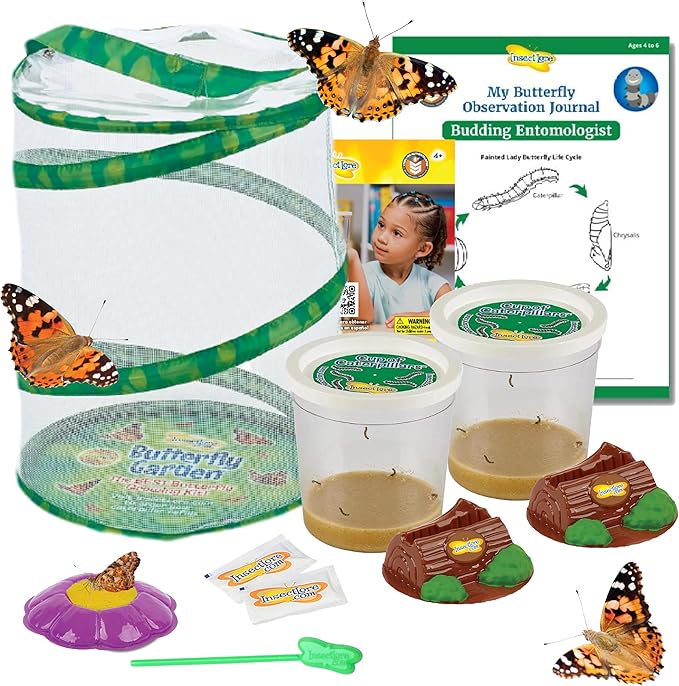 Insect Lore Butterfly Garden Kit – 10 Live Caterpillars, Habitat, STEM Journal, 2 Chrys-a-lid Holding Logs & Feeder – Grow & Release Painted Lady Butterflies – Educational Science Toy