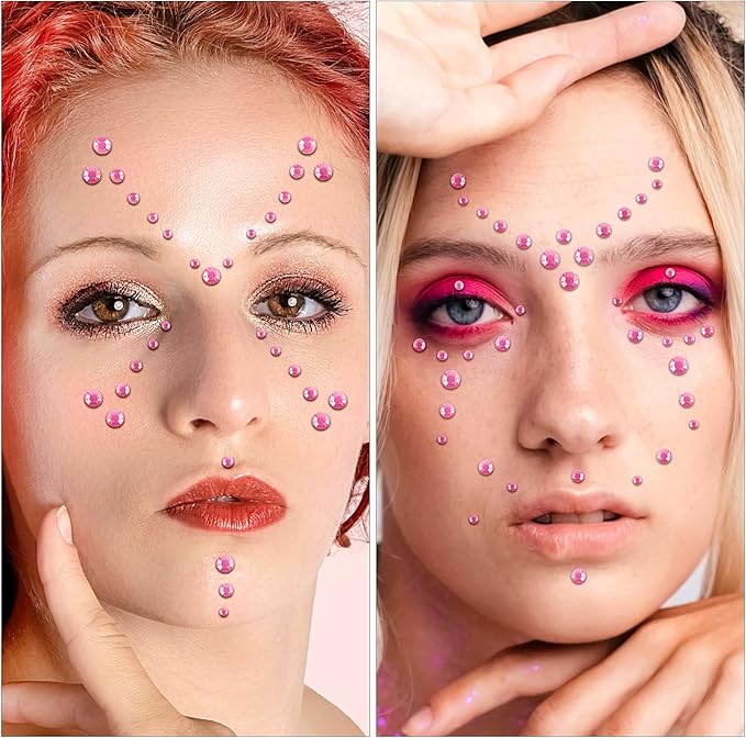 Self Adhesive Face Gems and Pearls for Makeup, Festival Jewels, Hair Gems Pearls, 3/4/5/6/8 mm Round Rhinestone Stickers for Face, Eye, Makeup, Body, Crafts 591Pcs (11_Light Pink)